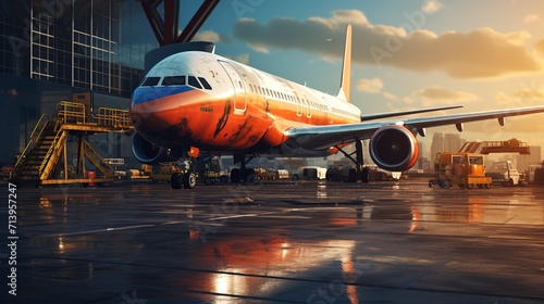 airplane_in_the_airport sunset background ai generate image