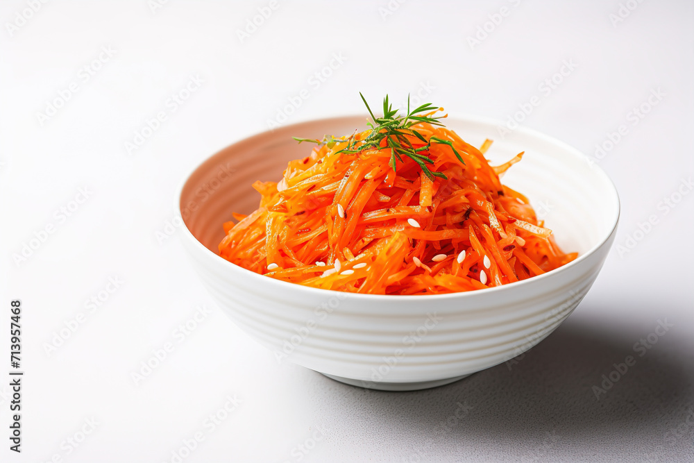 Salad of fresh shredded carrots in a white brown next to a Carrot shredder on a light background. Korean carrot. healthy food concept. Salad of fresh shredded carrots in a white brown next to a Carrot shredder on a light background. Korean carrot. healthy food concept.