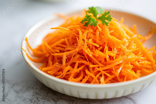Salad of fresh shredded carrots in a white brown next to a Carrot shredder on a light background. Korean carrot. healthy food concept.