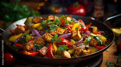 Colorful vegetable stir-fry with tofu in a wok, capturing the sizzle and vibrant colors.