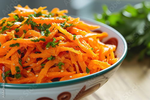 Salad of fresh shredded carrots in a white brown next to a Carrot shredder on a light background. Korean carrot. healthy food concept.