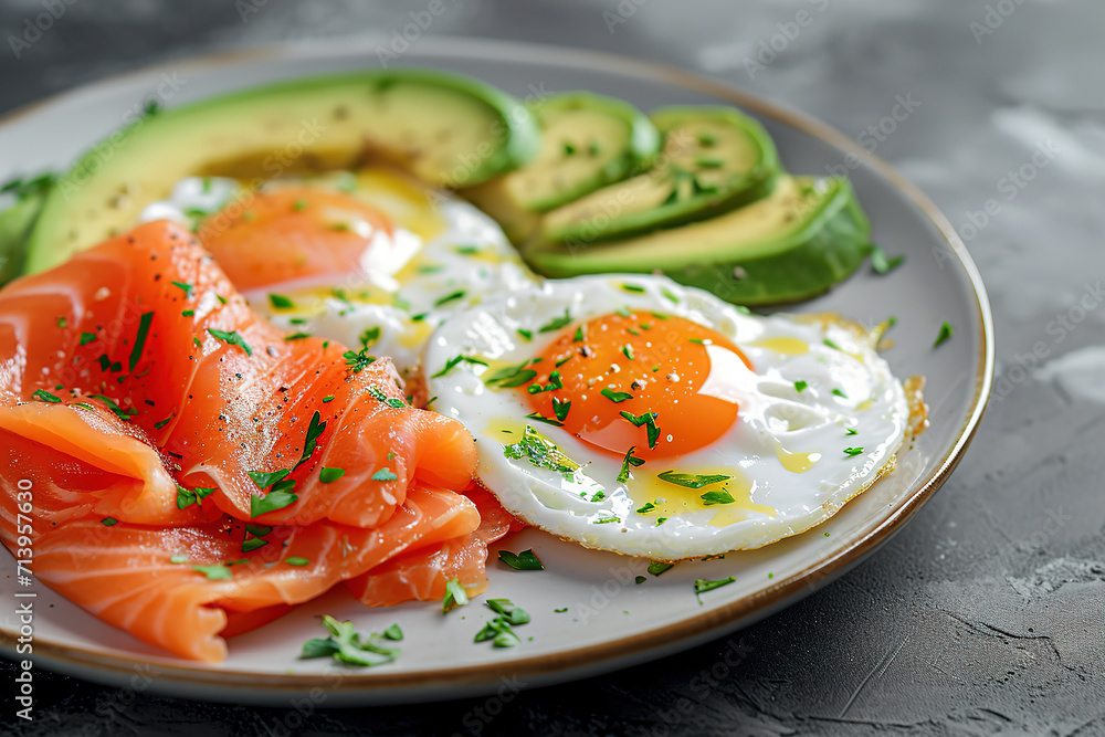 Ketogenic diet breakfast. Salt salmon salad with greens, cucumbers, eggs and avocado. Keto/paleo lunch. Ketogenic diet breakfast. Salt salmon salad with greens, cucumbers, eggs and avocado. Keto/paleo lunch.