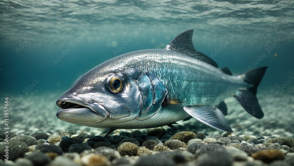 A stunning close-up of a majestic Herring fish, its silver scales glistening under the crystal clear water surface 