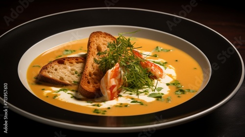 Creamy lobster bisque soup garnished with chives and a drizzle of cream.