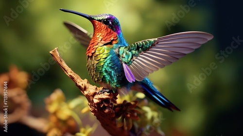 A vibrant hummingbird hovers in mid air showcasing its iridescent beauty generated by artificial intelligence