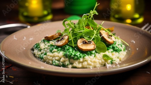 Creamy mushroom and spinach risotto with Parmesan cheese and fresh herbs.