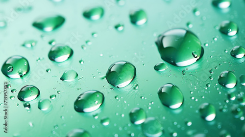 Wallpaper Mural Closeup of water drops sliding on wet surface. Green background. Generative AI Torontodigital.ca