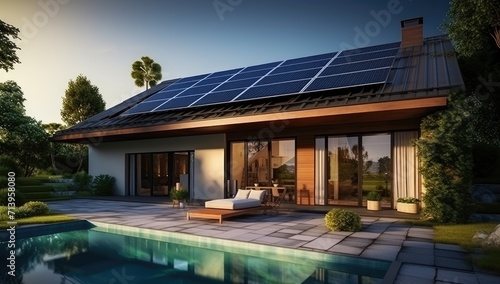 Modern Eco-Friendly Home with Solar Panels Overlooking a Pool - Generative AI
