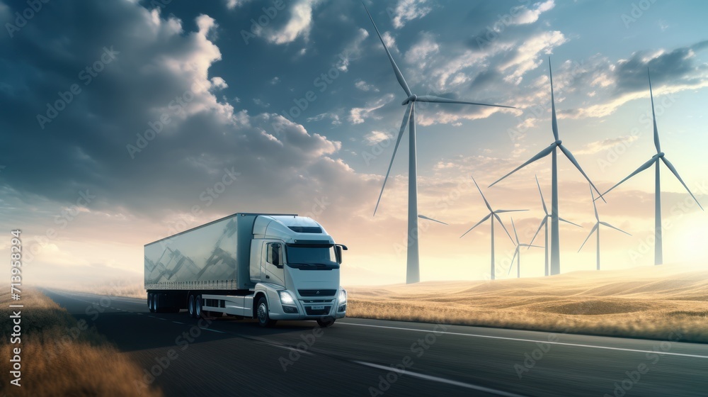 Truck on the road with wind turbines in the background. Truck on the road with wind turbines in the background.