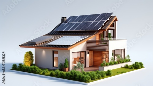 Modern Eco-Friendly Home with Solar Panels Overlooking a Pool - Generative AI © Gelpi