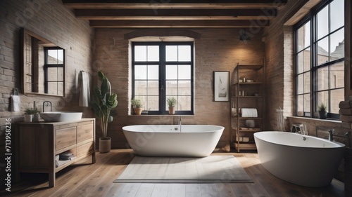 Loft interior design of modern bathroom with rustic furniture 