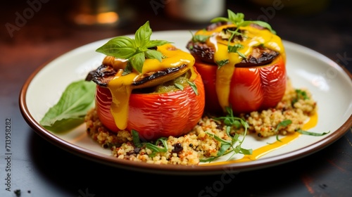 Grilled vegetable and quinoa-stuffed bell peppers served with a tomato sauce.