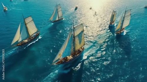 Beautiful sailboats sailing in a team on a sea of blue clarity was captured by an aerial drone.