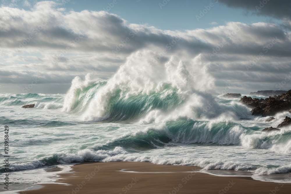 Fototapeta premium The sight of foamy waves slamming against the coast is captivating.