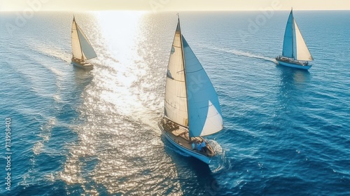 Beautiful sailboats sailing in a team on a sea of blue clarity was captured by an aerial drone.