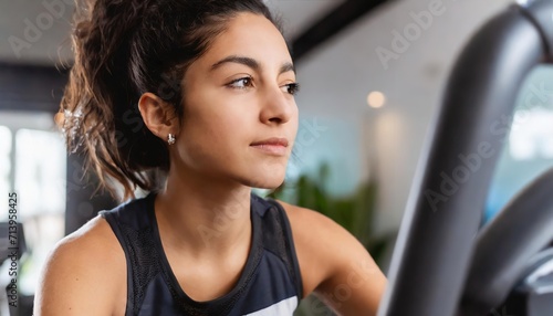  Woman on stationary exercise bike, focused on maintaining a healthy lifestyle and improving her physical fitness