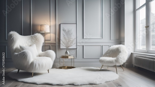 White fur armchair near wall and floor lamp. Interior design of modern living room