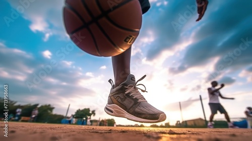 Basketball player feet and ball, view from the ground. photo