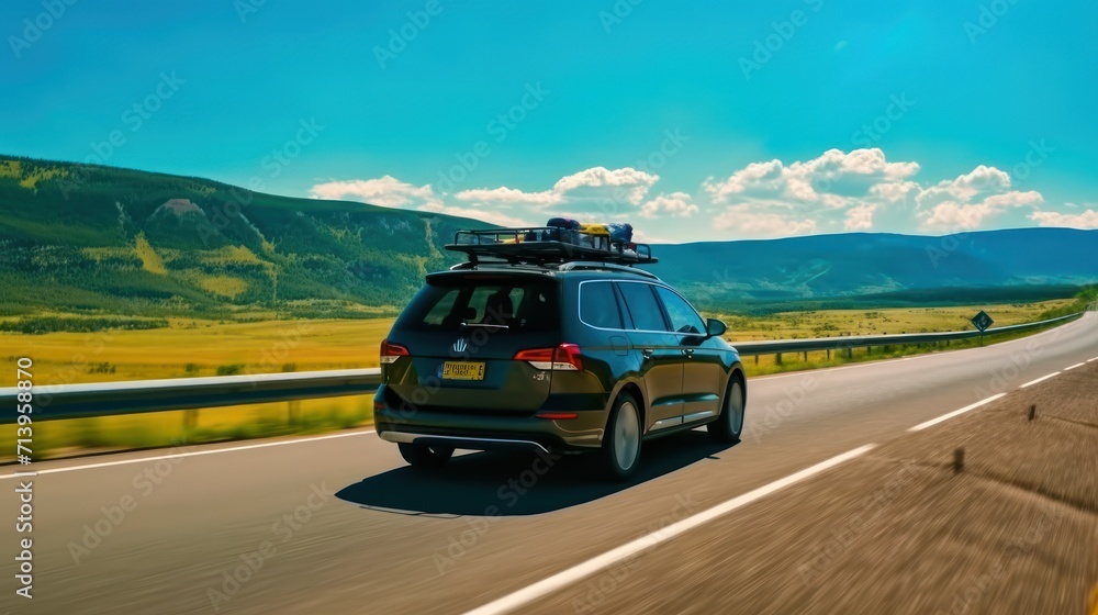 Back view modern black family wagon van car with mounted roof kayak and bike tail carrier driving european highway road against blue sky summer day. Lifestyle travel adventure trip journey concept.
