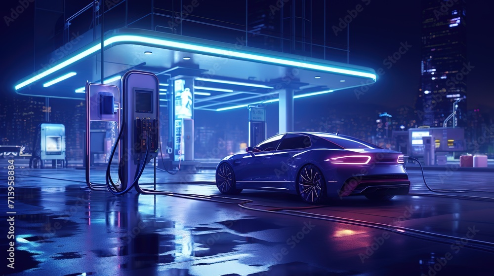 Electric_car_charging_at_a_gas_station_in_the_city ai generative images