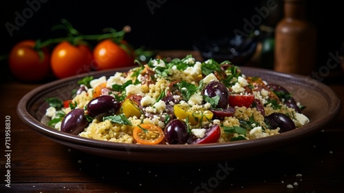Mediterranean-inspired couscous salad with cherry tomatoes, feta, and Kalamata olives.