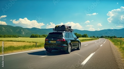 A modern family car with a roof luggage box travels through, surrounded by nature. photo