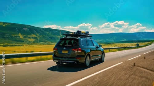 Back view modern black family wagon van car with mounted roof kayak and bike tail carrier driving european highway road against blue sky summer day. Lifestyle travel adventure trip journey concept. © MUCHIB