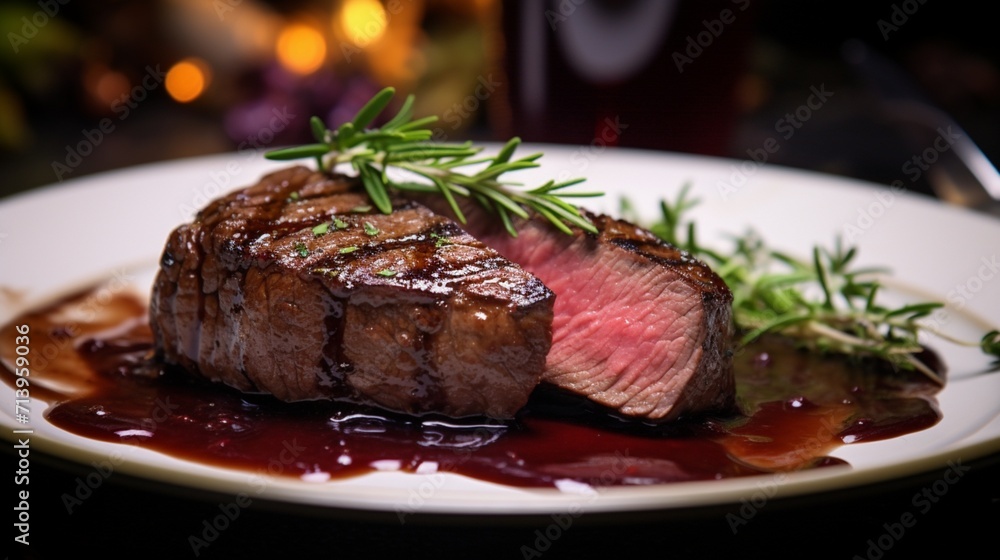 Pan-seared sirloin steak with a red wine reduction sauce on a stylish dinner plate. Pan-seared sirloin steak with a red wine reduction sauce on a stylish dinner plate.