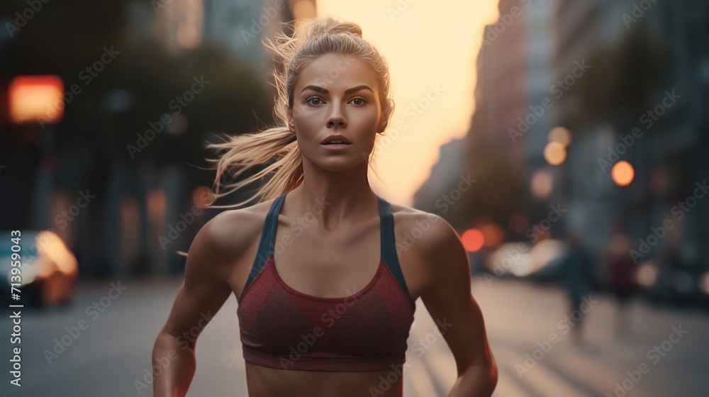Athlete girl warming up before running on the city street.