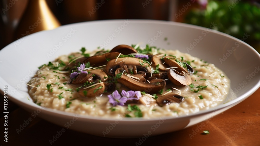 Rich and creamy mushroom risotto served in a white porcelain dish. Rich and creamy mushroom risotto served in a white porcelain dish.