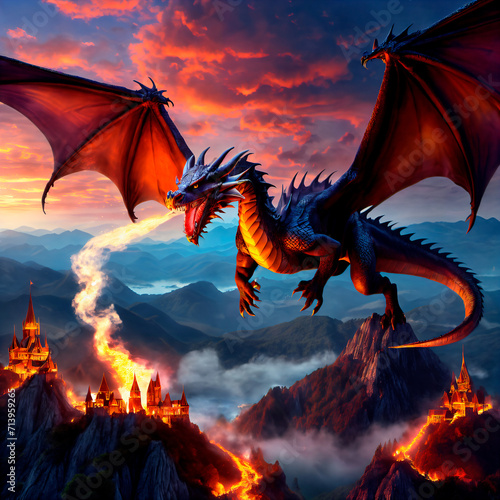 The Grandiose Dragon: A Fantasy and Magical Image of a Massive Dragon Flying and Breathing Fire over a Gothic Castle and Rocky Mountains
