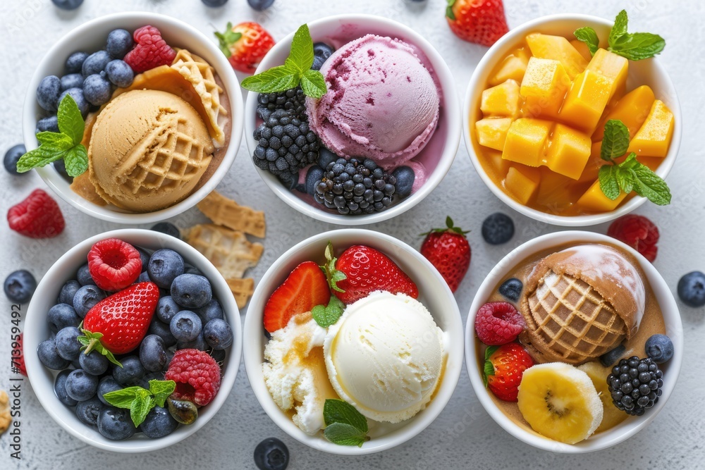 Summertime Feast: Delight of an Ice Cream Bowl, Brimming with Refreshing Fruit Balls with Blueberries, Mango and Strawberries, a Colorful Culinary Presentation for a Sweet Summer. Summertime Feast: Delight of an Ice Cream Bowl, Brimming with Refreshing Fruit Balls with Blueberries, Mango and Strawberries, a Colorful Culinary Presentation for a Sweet Summer.