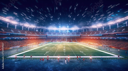 football stadium 3d with bright floodlights at night. grass field and blurred fans at playground view.