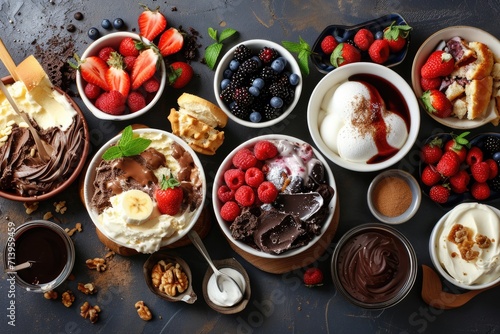 Chocolate and Vanilla Ice Cream Bowl, Brimming with Refreshing Fruits, Strawberries, Blueberries, Raspberries, Blackberries and Nuts, a Flavorful and Colorful Culinary Presentation for a Sweet Summer. photo