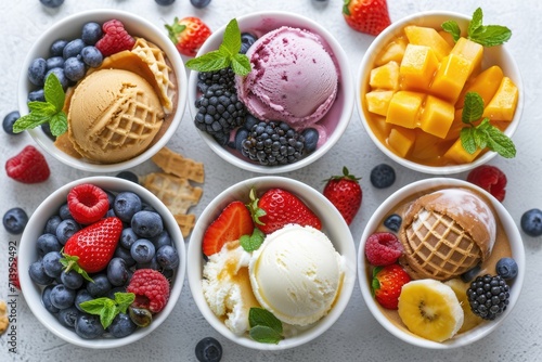 Summertime Feast  Delight of an Ice Cream Bowl  Brimming with Refreshing Fruit Balls with Blueberries  Mango and Strawberries  a Colorful Culinary Presentation for a Sweet Summer.