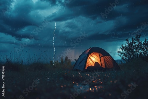 Thunderstruck Camping  Imagine a Tent Silhouetted Against a Dramatic Sky Filled with Thunderclouds and Lightning  Adding Excitement to the Camping Experience Amidst the Stormy Weather.  