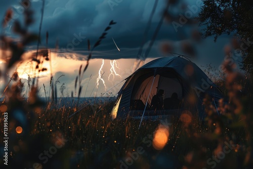 Thunderstruck Camping: Imagine a Tent Silhouetted Against a Dramatic Sky Filled with Thunderclouds and Lightning, Adding Excitement to the Camping Experience Amidst the Stormy Weather.

