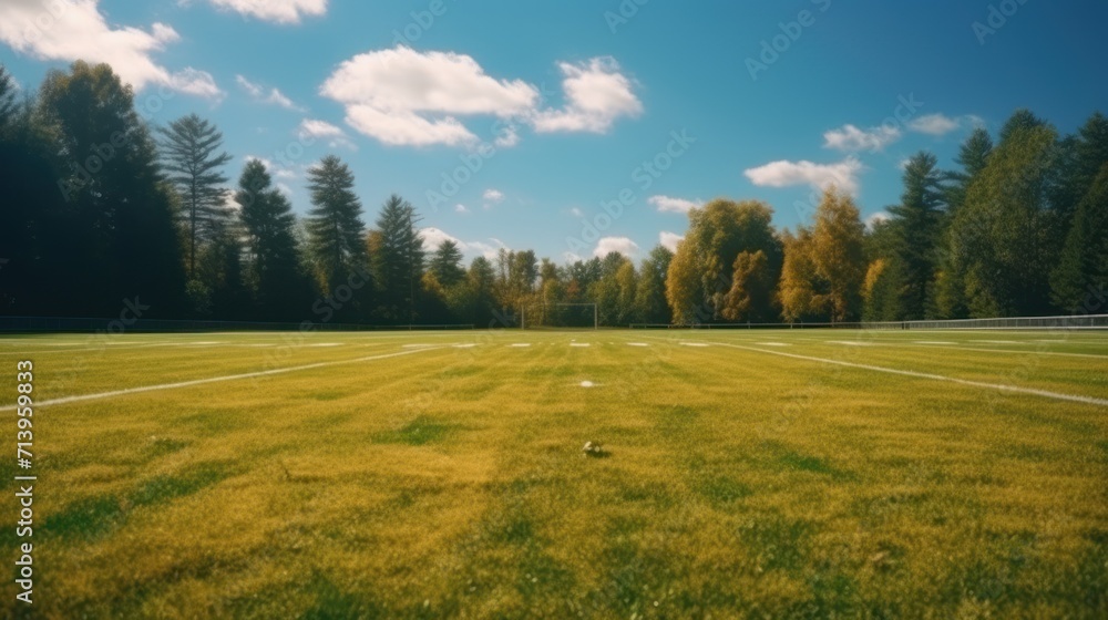 Amateur empty football field on a sunny day. Created by artificial intelligence.