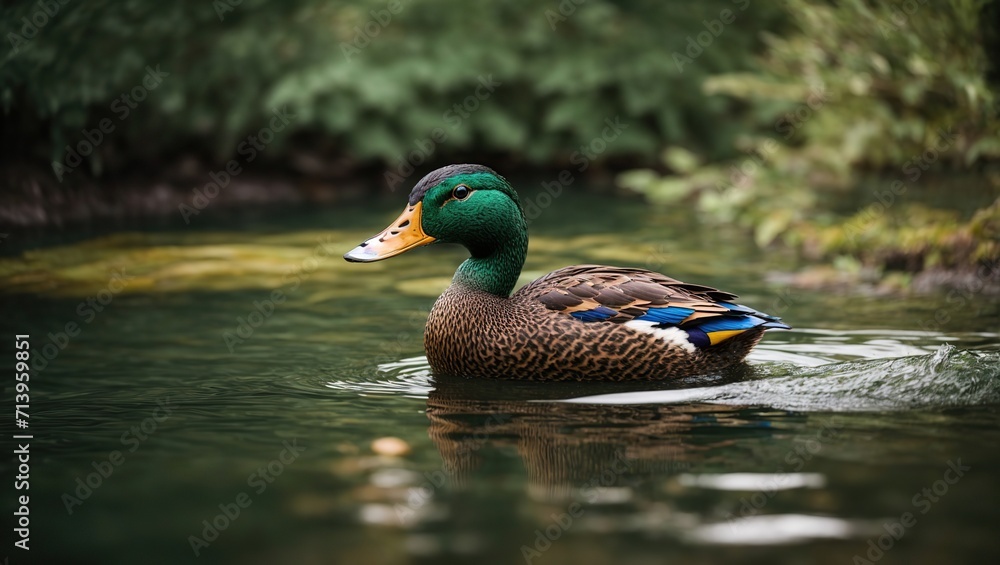 The mallard duck glides across the liquid. The mallard duck glides across the liquid.