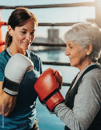 Senior woman boxer, displaying vitality and resilience, practicing with her coach