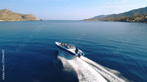 Aerial drone ultra wide photo with copy space of luxury rigid inflatable speed boat cruising in high speed in Aegean deep blue sea,