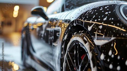 Professional Car Wash black Sportscar with Shampoo close-up © john