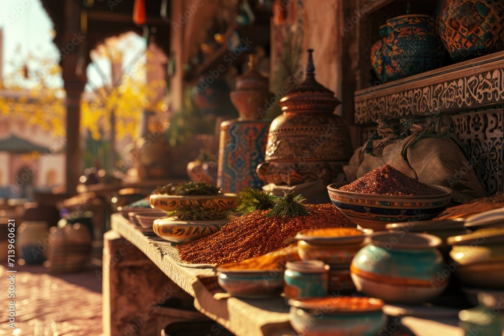 Spice Bazaar:A Market Stall in the Heart of Marrakech, Morocco, Showcases a Colorful Array of Spices and a Traditional Tagine