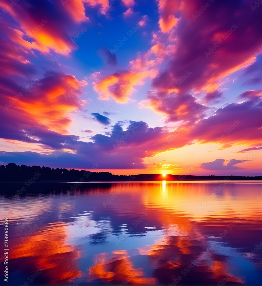 Breathtaking Sunset Over Calm Lake, Vivid Colors Reflecting in Tranquil Waters