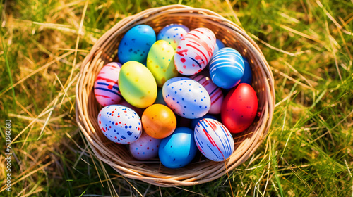 Colorful Easter eggs in a nest placed in green grass - ai generative