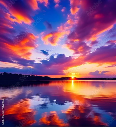 Breathtaking Sunset Over Calm Lake, Vivid Colors Reflecting in Tranquil Waters