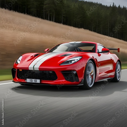 Speed Unleashed: A Red Sports Car Racing Through a Scenic Forest Route © ShareareKhan