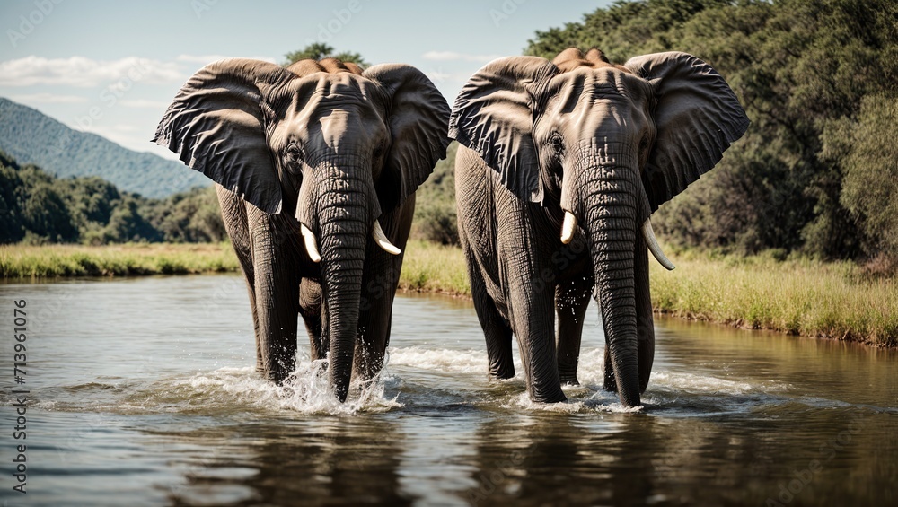 Fototapeta premium An elephant gleefully splatters water across its back as it stands tall in a gleaming, clean lake, its aged skin shining in the bright sun.