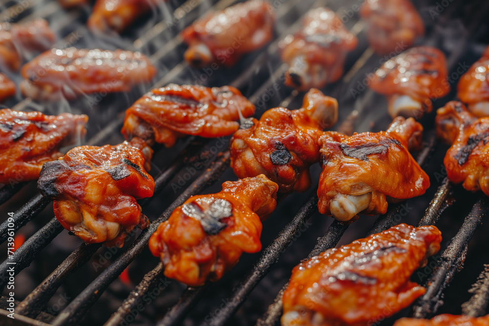 BBQ Feast: Juicy Grilled Chicken Wings Glazed with Barbecue Sauce Over Open Flames
