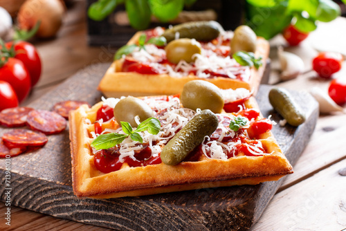Fotografija Pizza waffle toast with tomatoes, sausages, cheese and herbs on a board